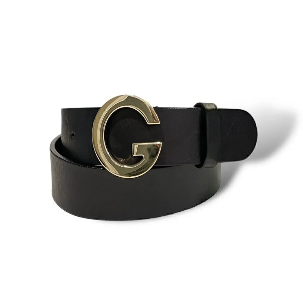 GUCCI Womens Champagne Gold G Buckle Black Leather Belt |Size: 32”|